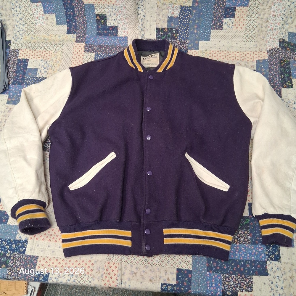 Vintage DeLONG Blank Varsity Jacket Mens Large Purple Wool Leather USA Letterman